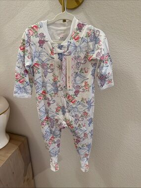 LoveShackFancy White Footed One-Piece with Pink & Purple Print